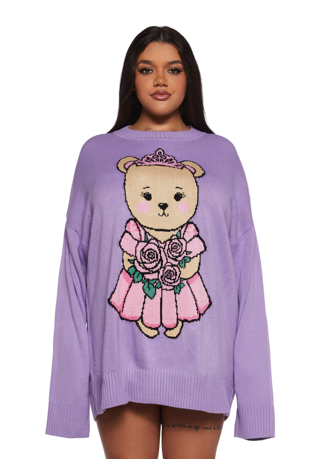 Teddy Bear Princess Intarsia Acrylic Knit Oversized Sweater Sugar Thrillz - Purple - Image 2