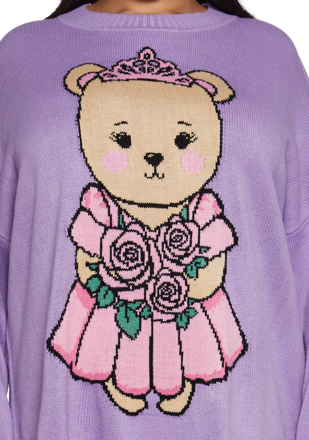 Teddy Bear Princess Intarsia Acrylic Knit Oversized Sweater Sugar Thrillz - Purple - Image 9