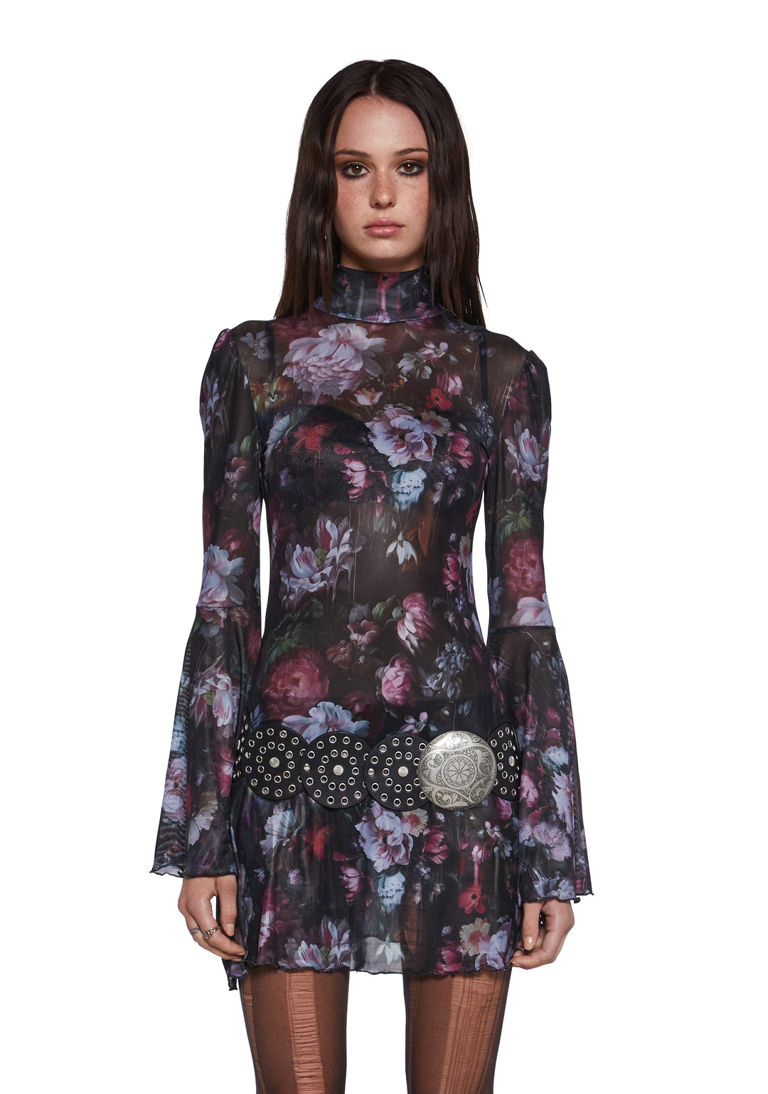 Floral Mesh Mock Neck Long Bell Sleeve Mini Dress Current Mood - Multi - Image 12