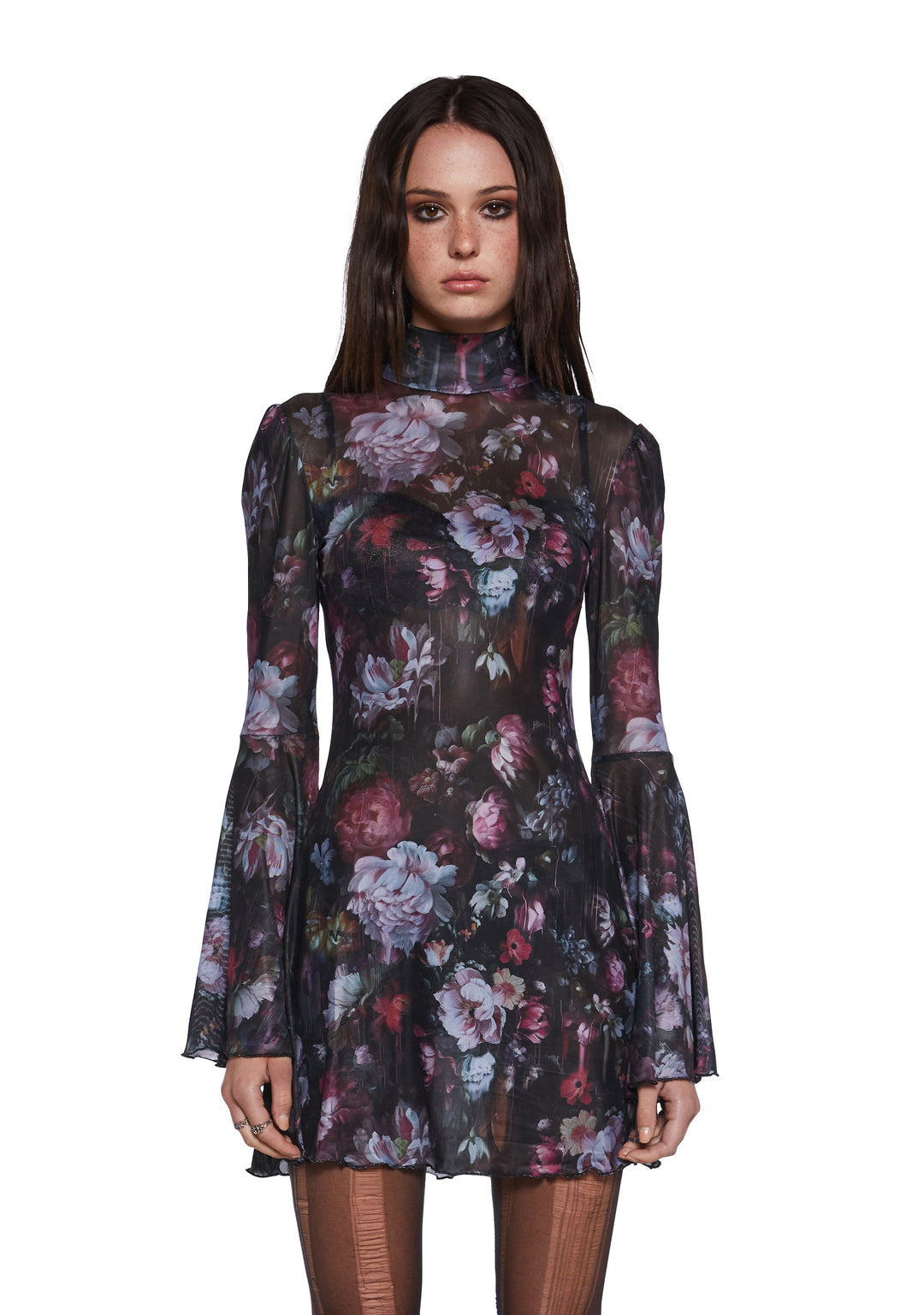 Floral Mesh Mock Neck Long Bell Sleeve Mini Dress Current Mood - Multi
