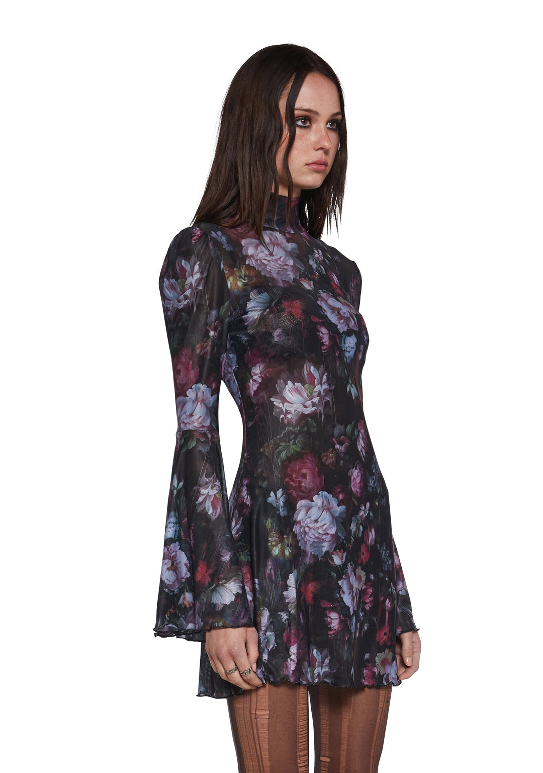 Floral Mesh Mock Neck Long Bell Sleeve Mini Dress Current Mood - Multi - Image 3