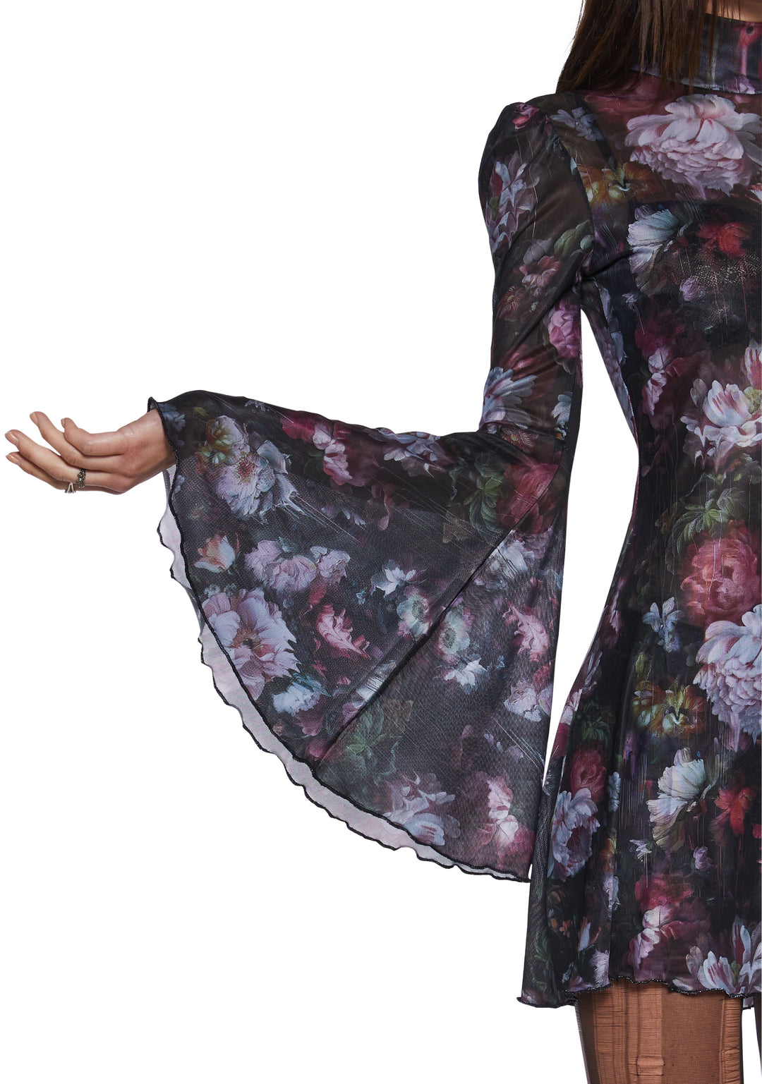 Floral Mesh Mock Neck Long Bell Sleeve Mini Dress Current Mood - Multi - Image 6