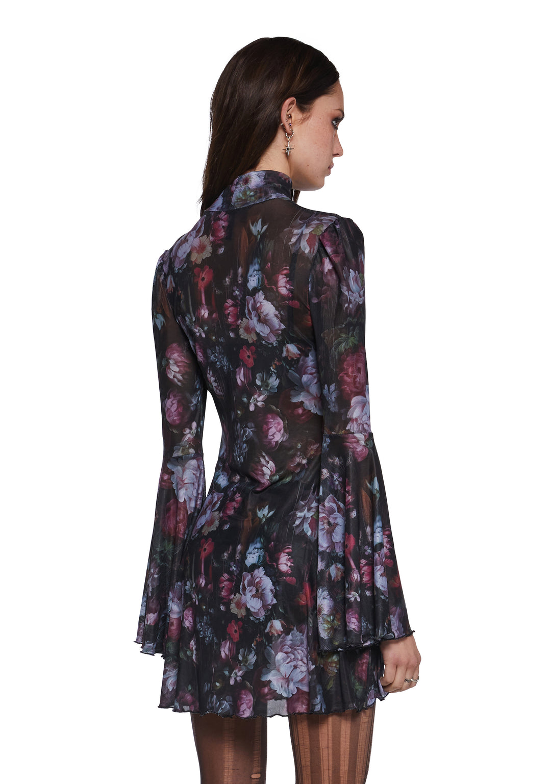 Floral Mesh Mock Neck Long Bell Sleeve Mini Dress Current Mood - Multi - Image 5