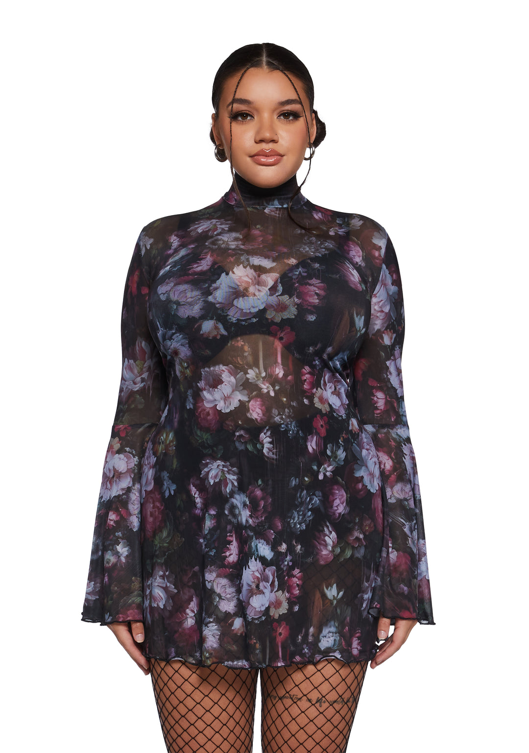Floral Mesh Mock Neck Long Bell Sleeve Mini Dress Current Mood - Multi - Image 2