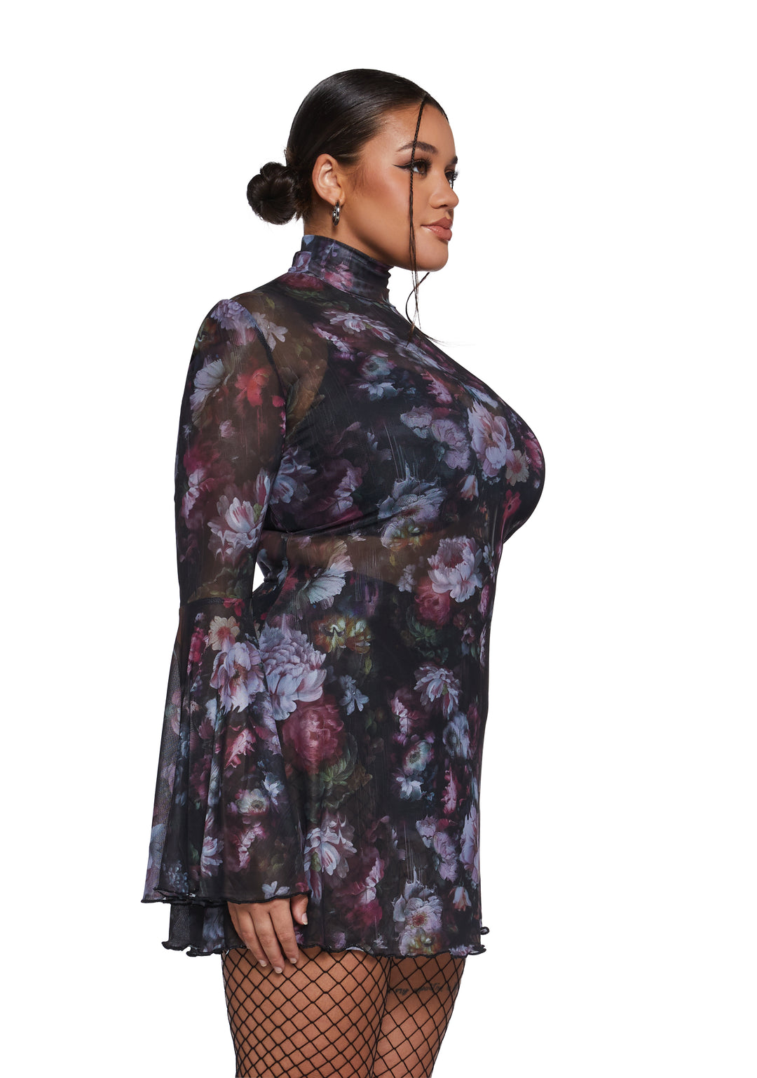 Floral Mesh Mock Neck Long Bell Sleeve Mini Dress Current Mood - Multi - Image 9