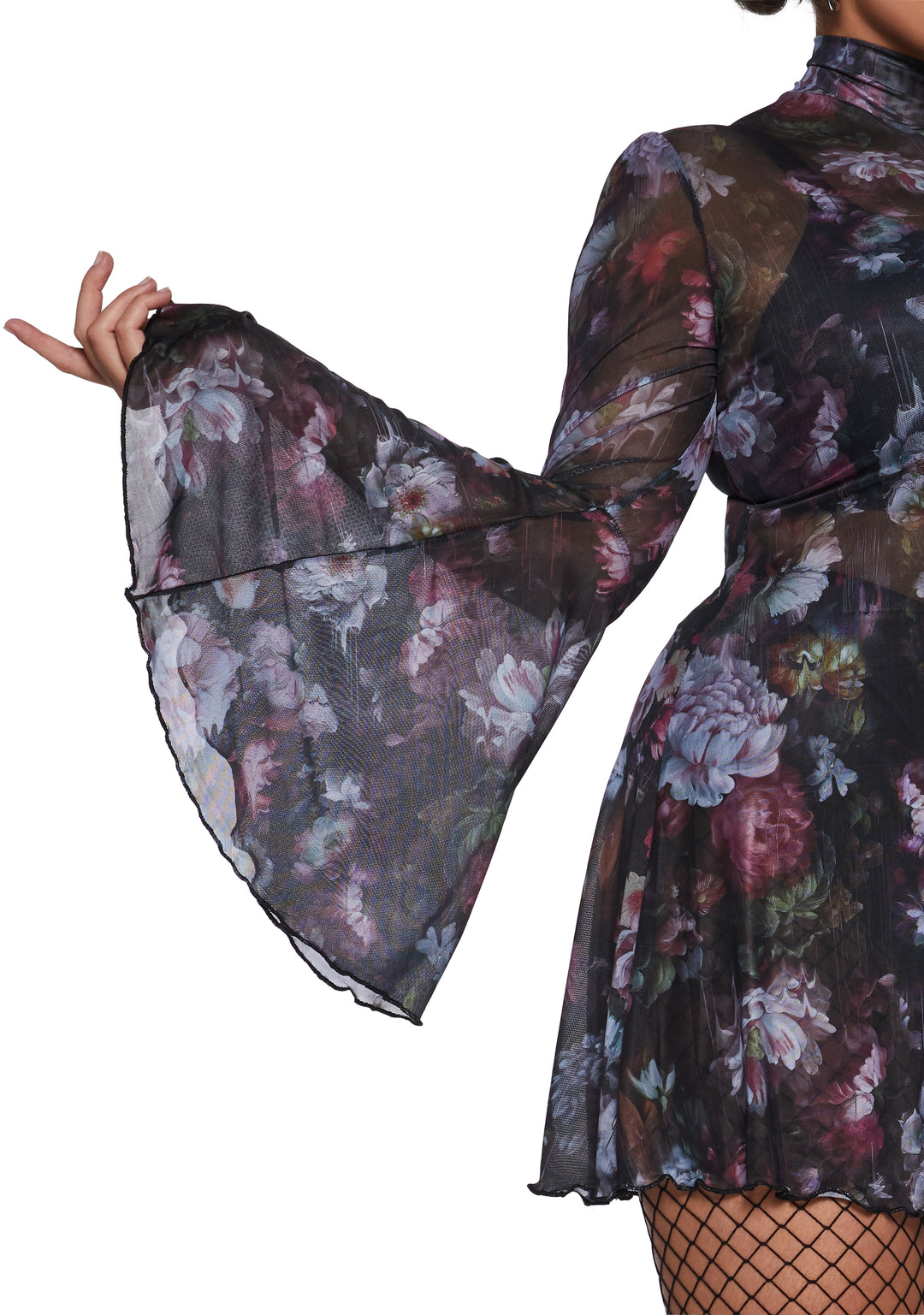 Floral Mesh Mock Neck Long Bell Sleeve Mini Dress Current Mood - Multi - Image 10