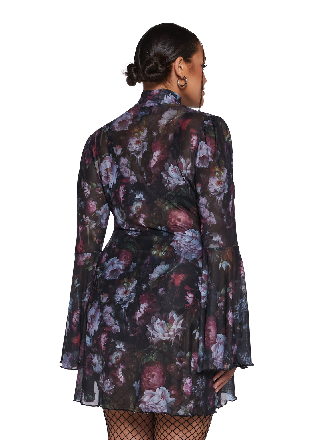 Floral Mesh Mock Neck Long Bell Sleeve Mini Dress Current Mood - Multi - Image 11