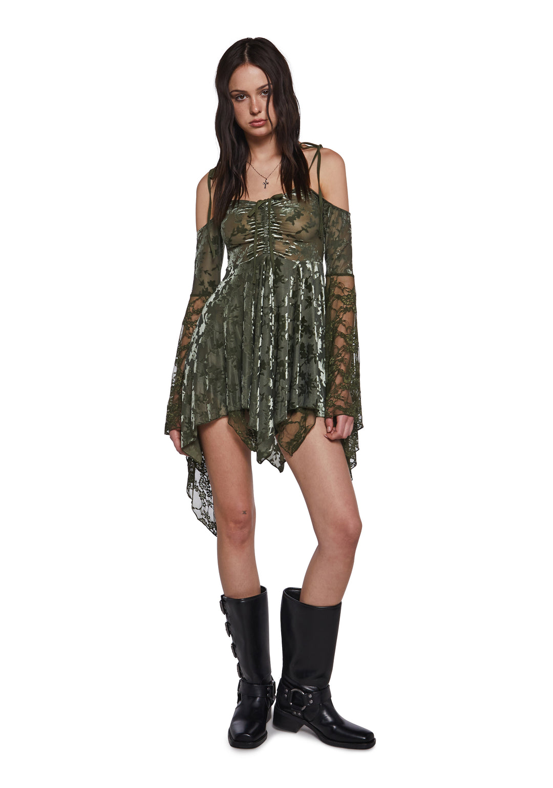 F Is For Fairies Handkerchief Floral Velvet Lace Dress Current Mood - Green - Image 2