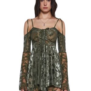 F Is For Fairies Handkerchief Floral Velvet Lace Dress Current Mood - Green