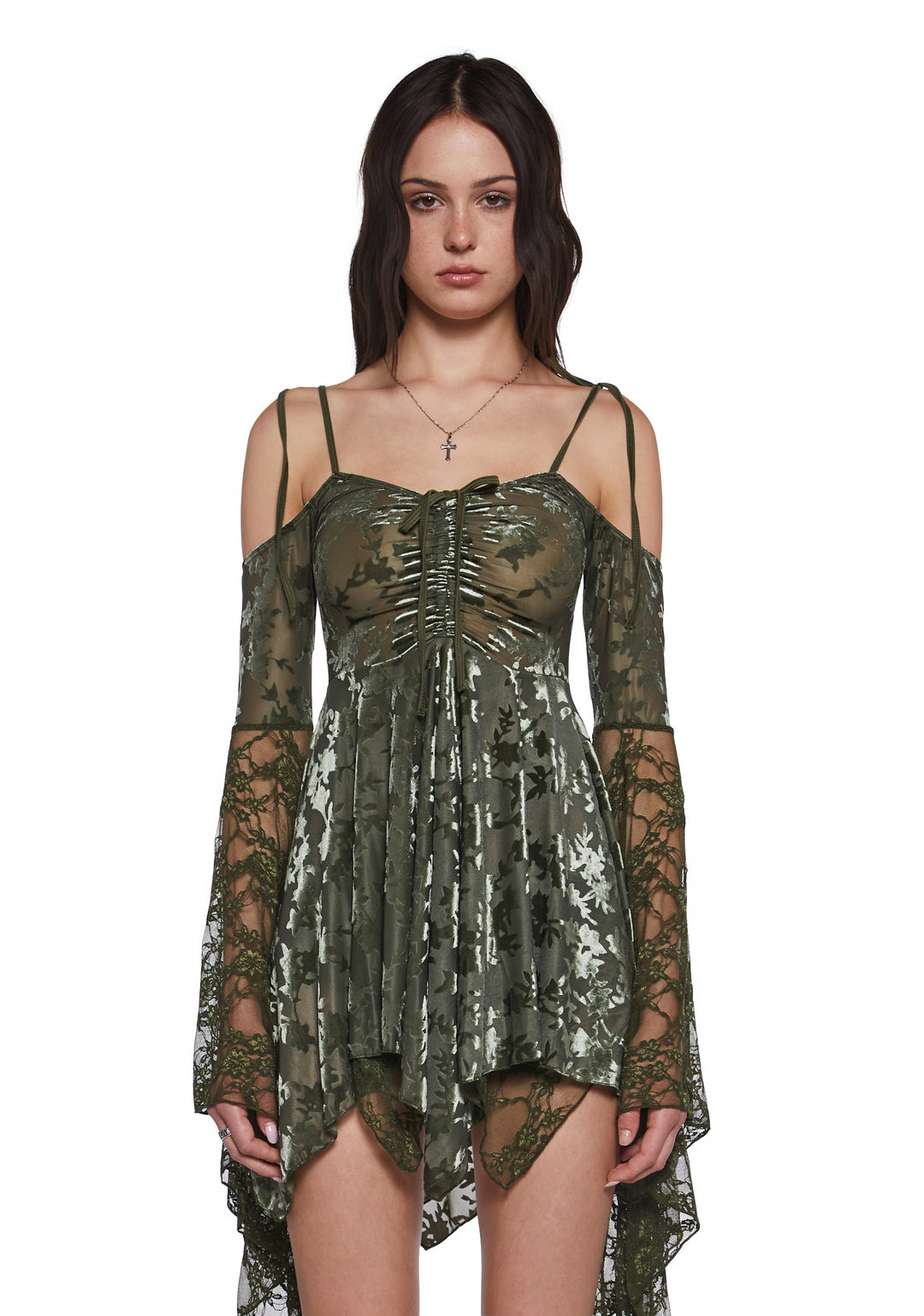 F Is For Fairies Handkerchief Floral Velvet Lace Dress Current Mood - Green