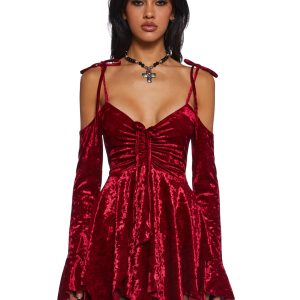 Current Mood Off The Shoulder Handkerchief Velvet Velour Mini Dress - Red