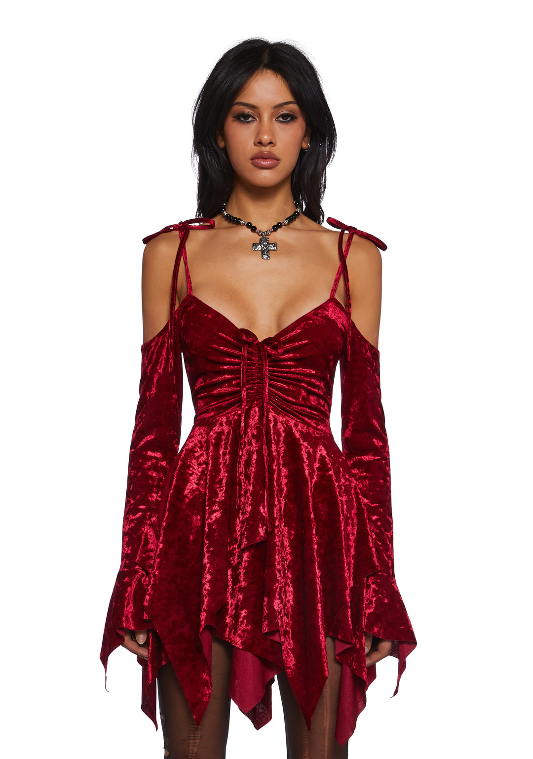 Current Mood Off The Shoulder Handkerchief Velvet Velour Mini Dress - Red