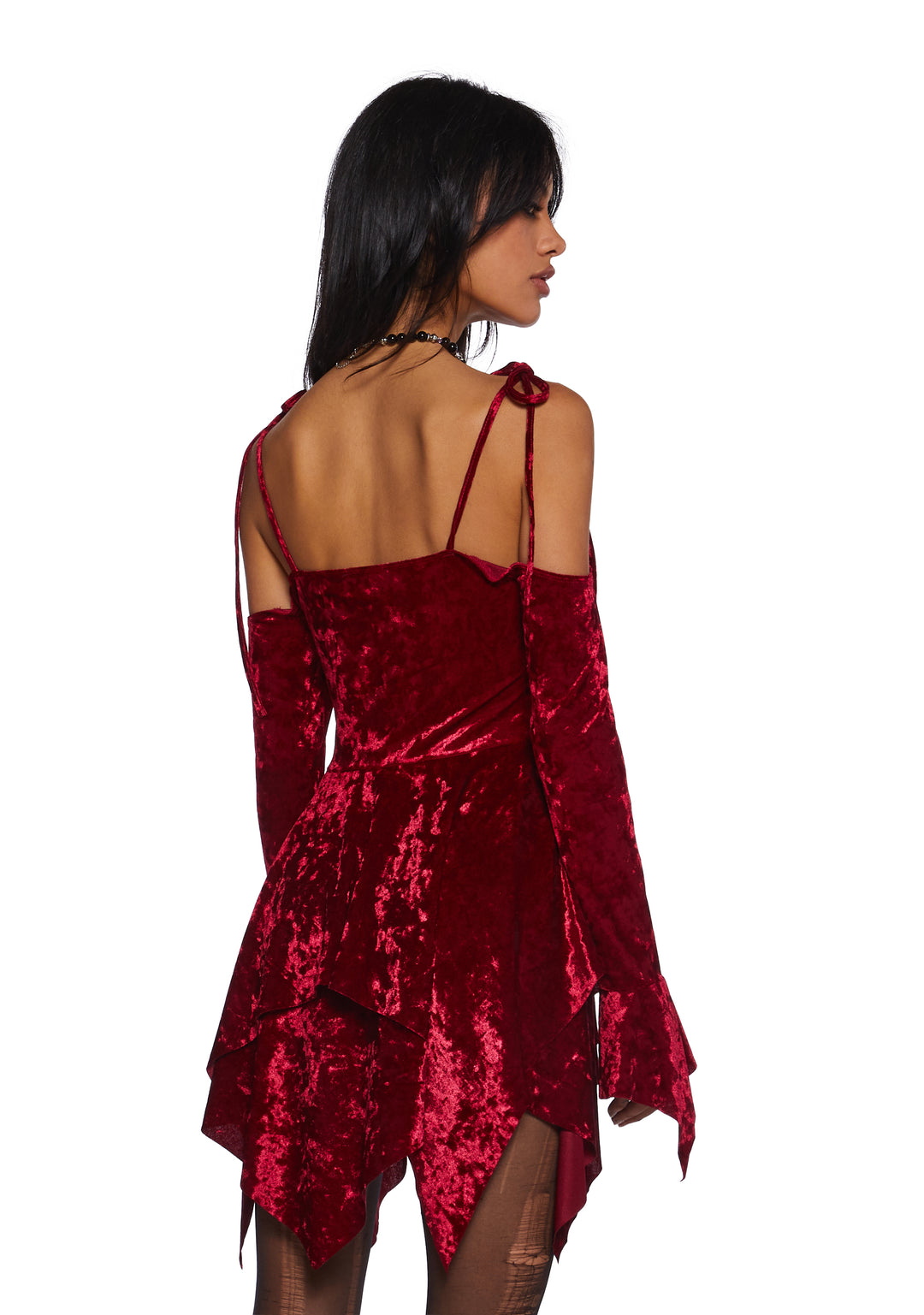 Current Mood Off The Shoulder Handkerchief Velvet Velour Mini Dress - Red - Image 4
