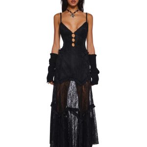 Lace Maxi Dress With Ruffles And Cut Outs Current Mood - Black
