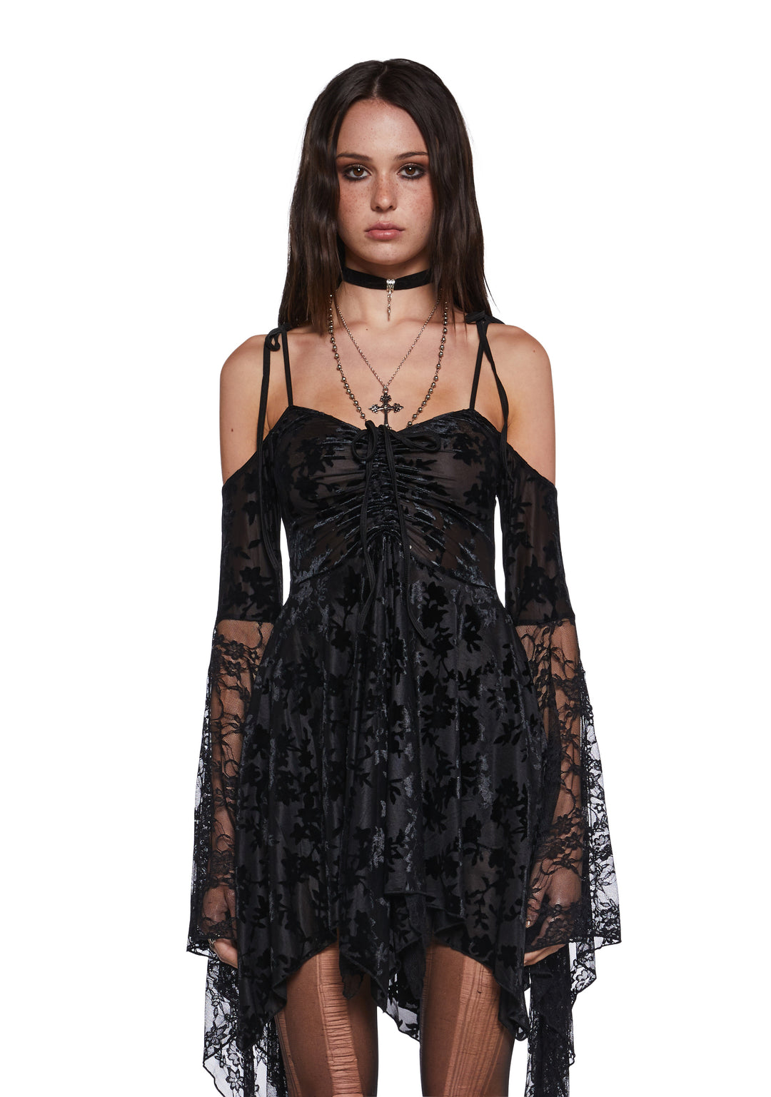 F Is For Fairies Handkerchief Floral Velvet Lace Dress Current Mood - Black