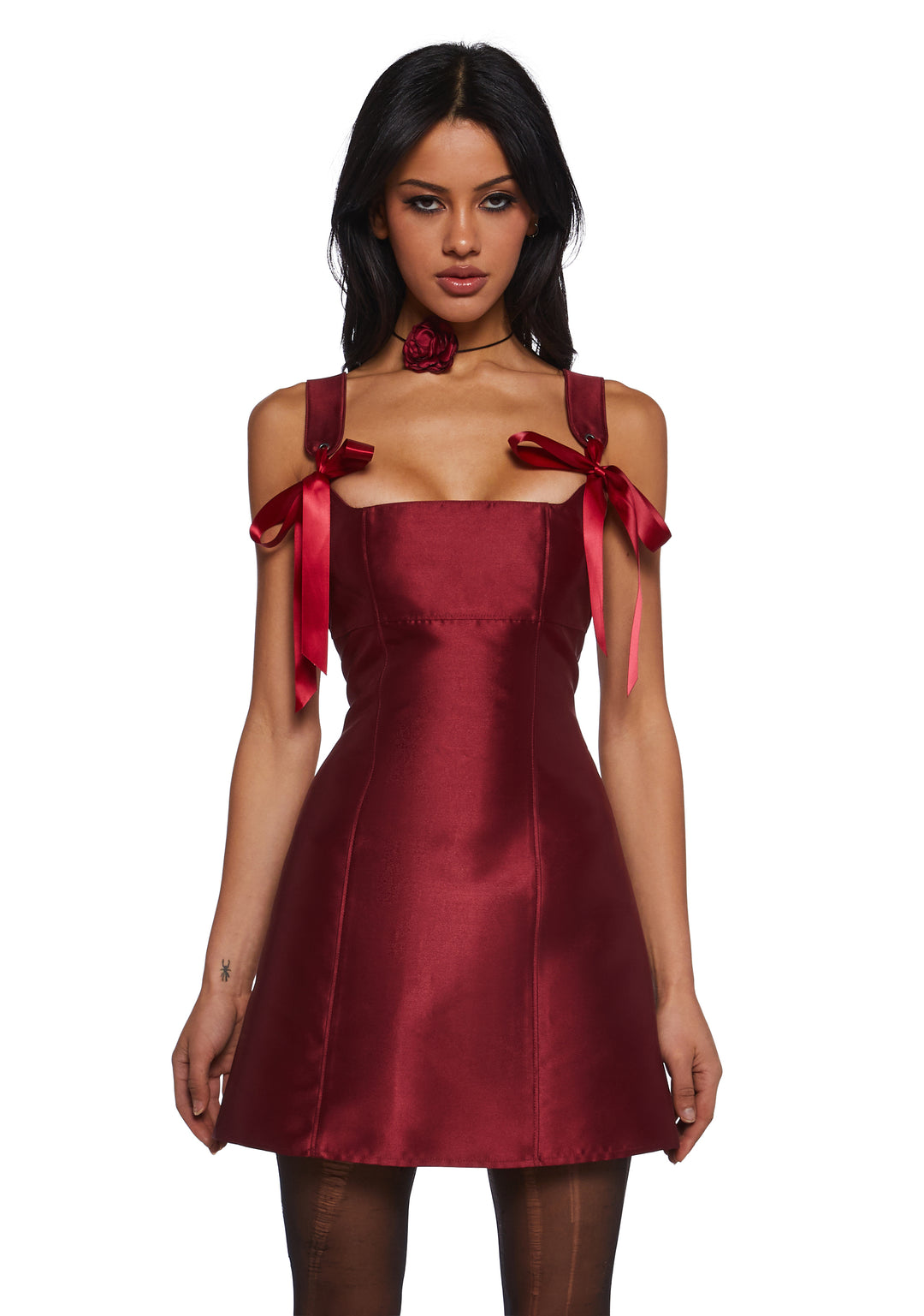 Taffeta Satin Ribbon Mini Dress Current Mood - Burgundy