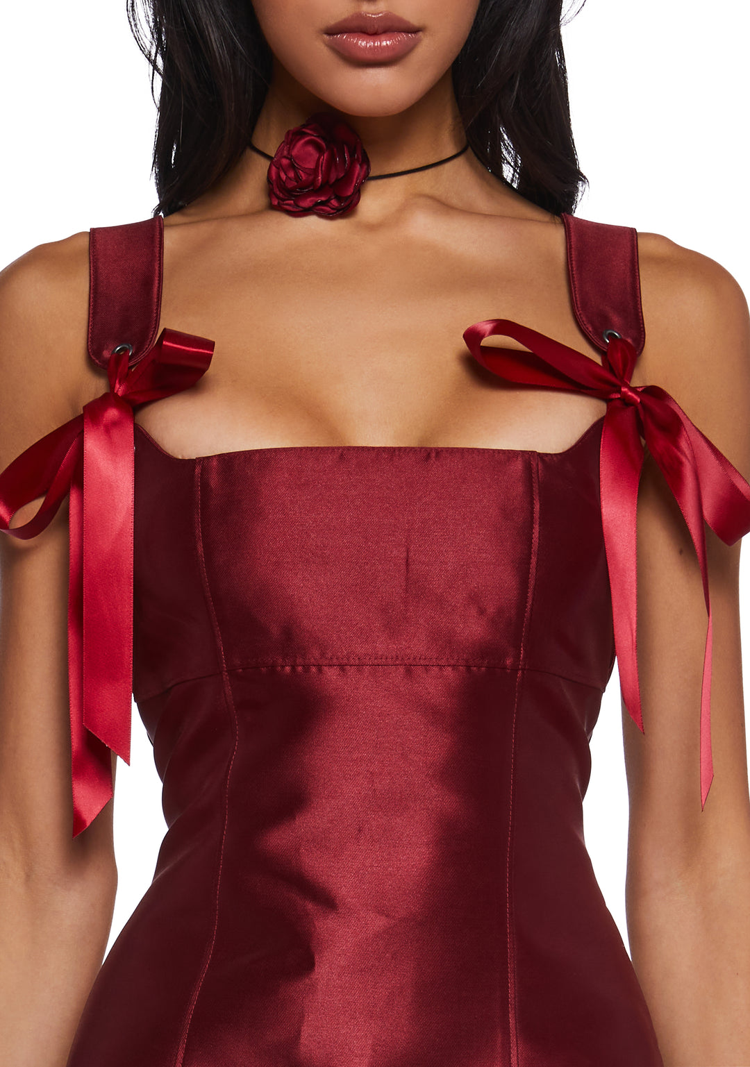Taffeta Satin Ribbon Mini Dress Current Mood - Burgundy - Image 6