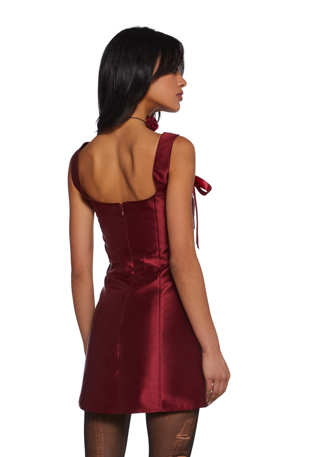 Taffeta Satin Ribbon Mini Dress Current Mood - Burgundy - Image 5