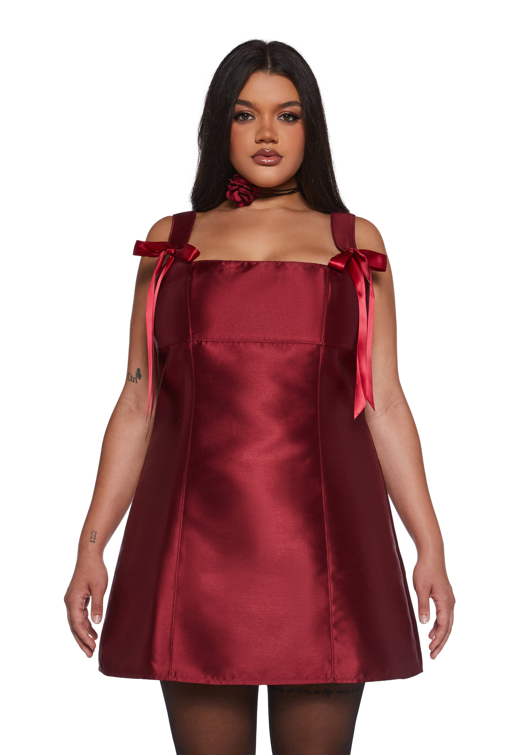 Taffeta Satin Ribbon Mini Dress Current Mood - Burgundy - Image 2