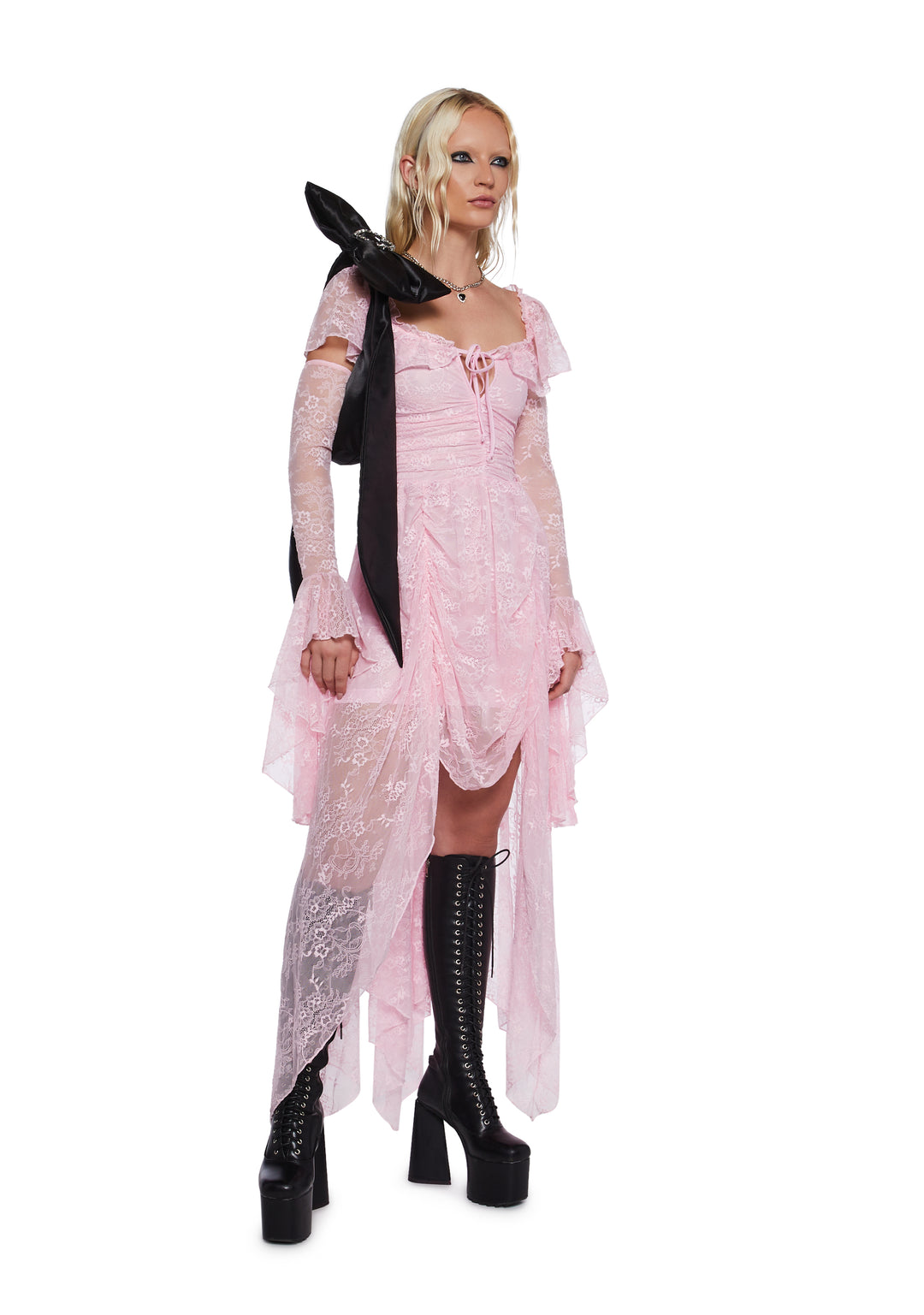 Stretchy Lace Draped High-Low Maxi Dress Sugar Thrillz - Pink - Image 5