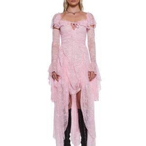 Stretchy Lace Draped High-Low Maxi Dress Sugar Thrillz - Pink