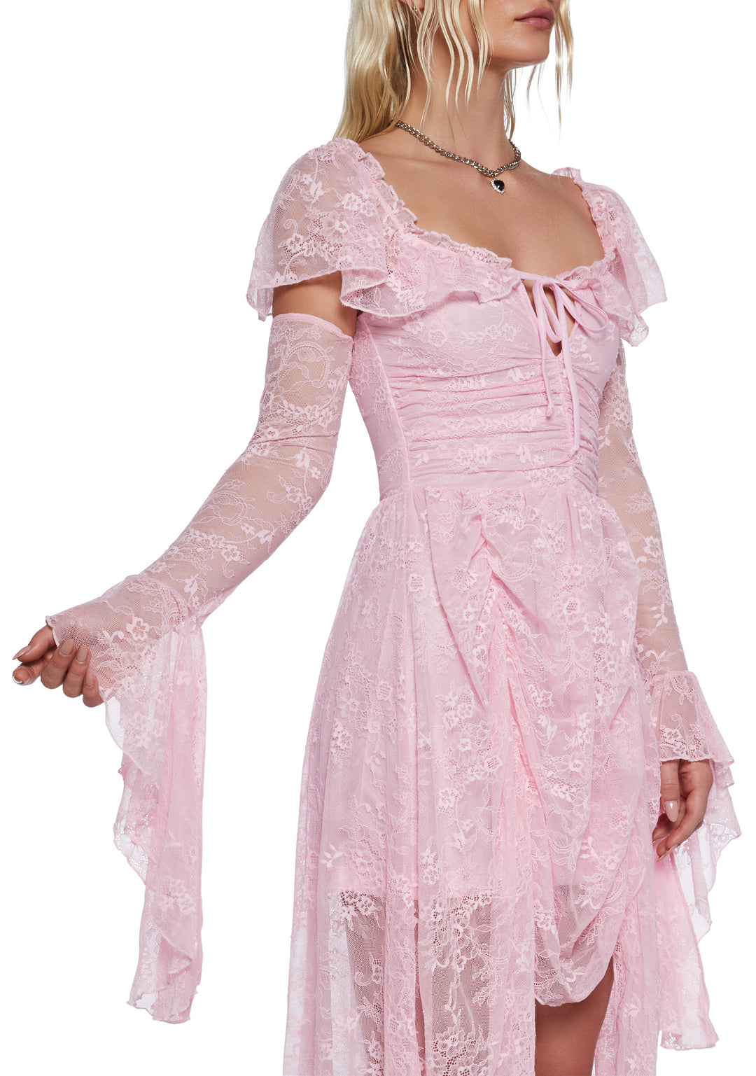 Stretchy Lace Draped High-Low Maxi Dress Sugar Thrillz - Pink - Image 2