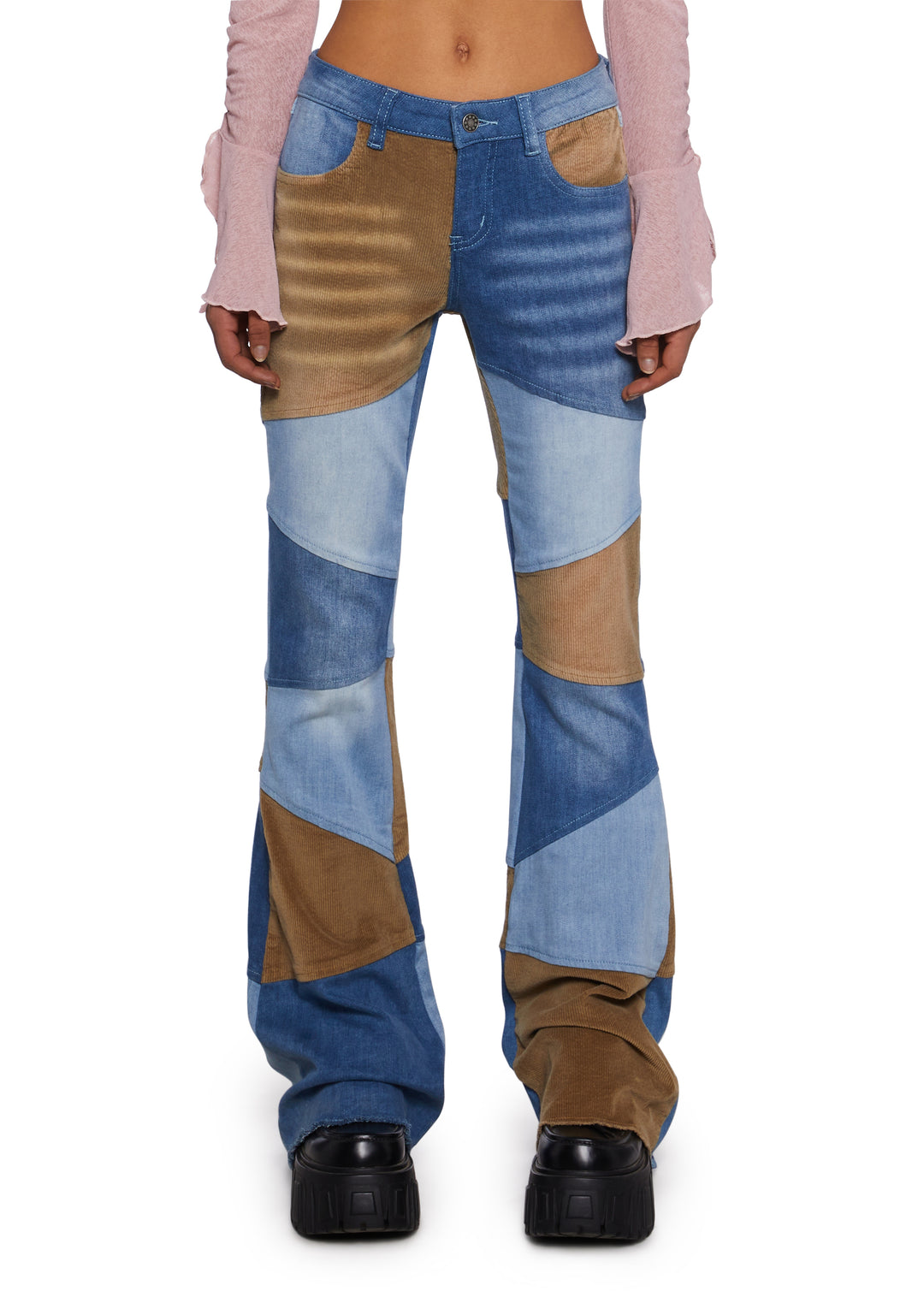 Patchwork Cord And Denim Flared Jeans - Delia's