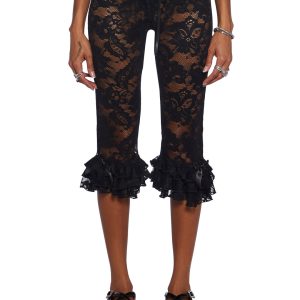 Sugar Thrillz Sheer Floral Lace Bow Pants - Black