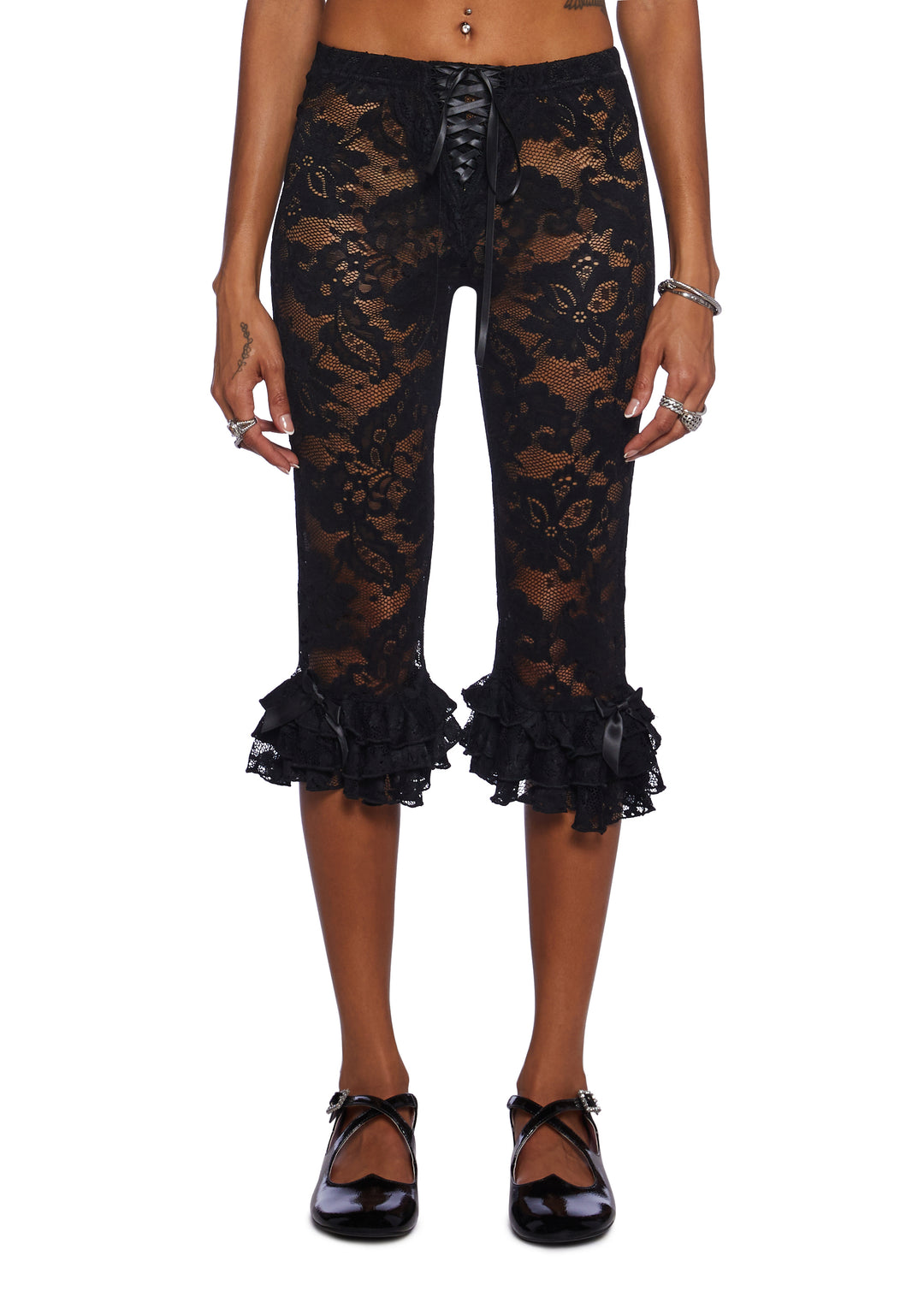 Sugar Thrillz Sheer Floral Lace Bow Pants - Black