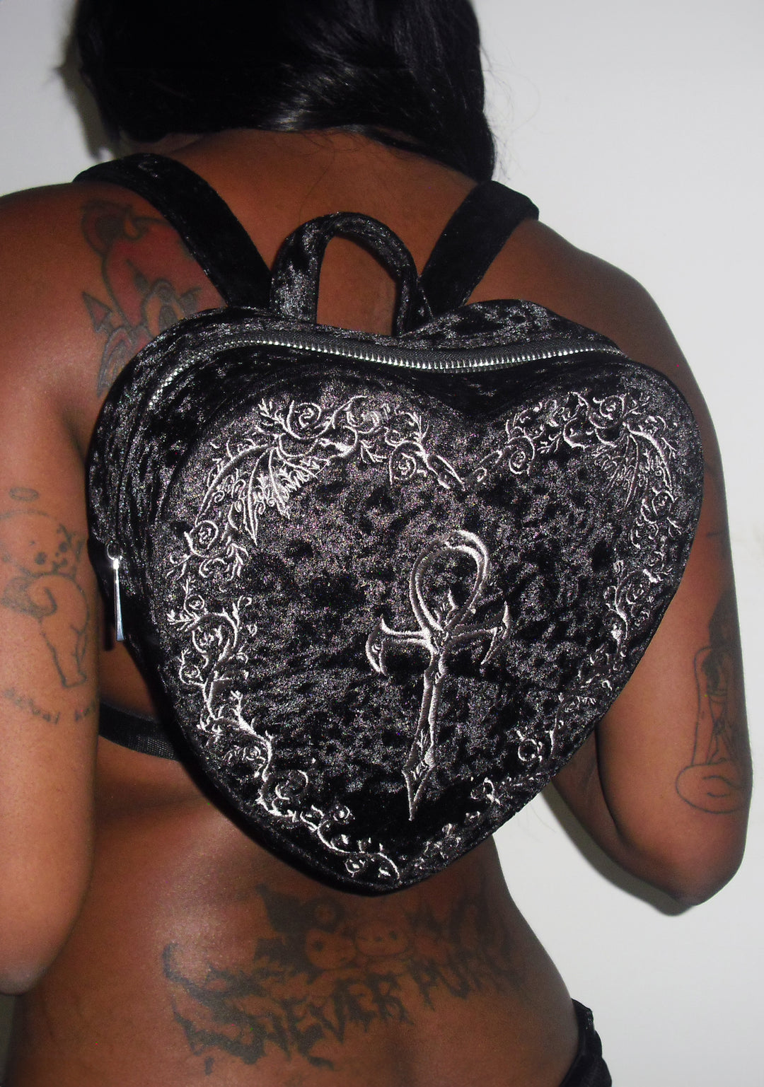 Widow Vampire Goth Velvet Heart Embroidered Ankh Batwing Vine Mini Backpack - Black - Image 6