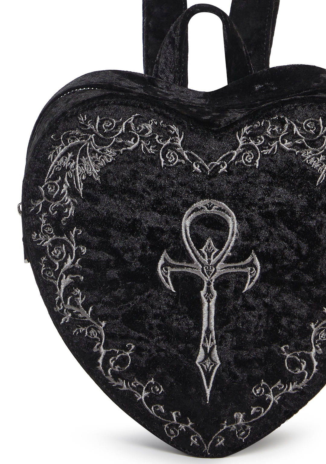 Widow Vampire Goth Velvet Heart Embroidered Ankh Batwing Vine Mini Backpack - Black - Image 5