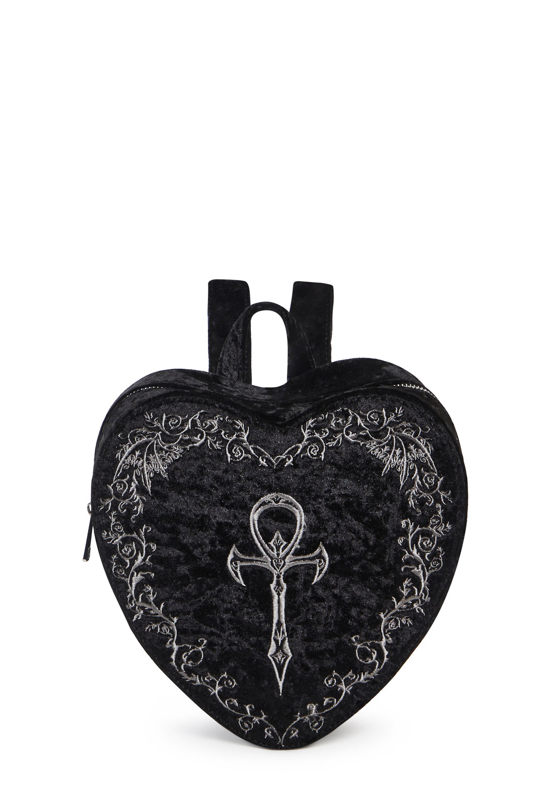 Widow Vampire Goth Velvet Heart Embroidered Ankh Batwing Vine Mini Backpack - Black - Image 2