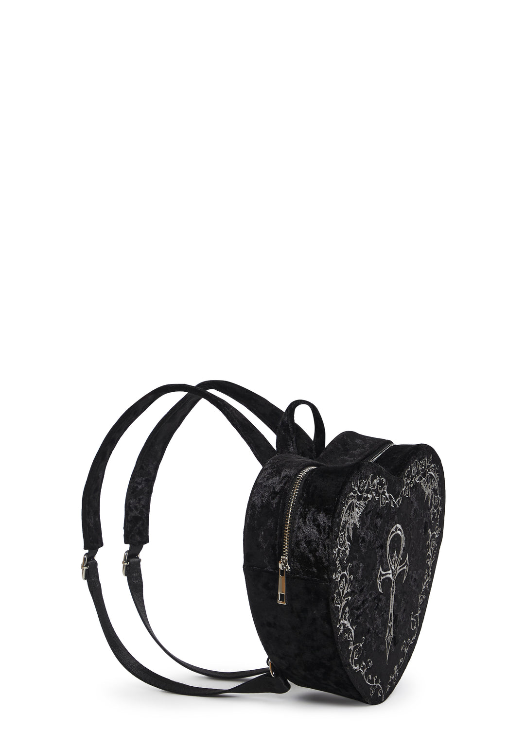 Widow Vampire Goth Velvet Heart Embroidered Ankh Batwing Vine Mini Backpack - Black - Image 3