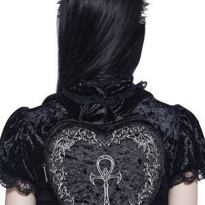 Widow Vampire Goth Velvet Heart Embroidered Ankh Batwing Vine Mini Backpack - Black