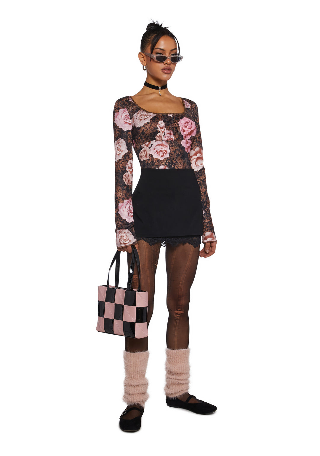 Patchwork Checkered Vegan Leather Crossbody Bag Delia's - Black/Pink - Image 6