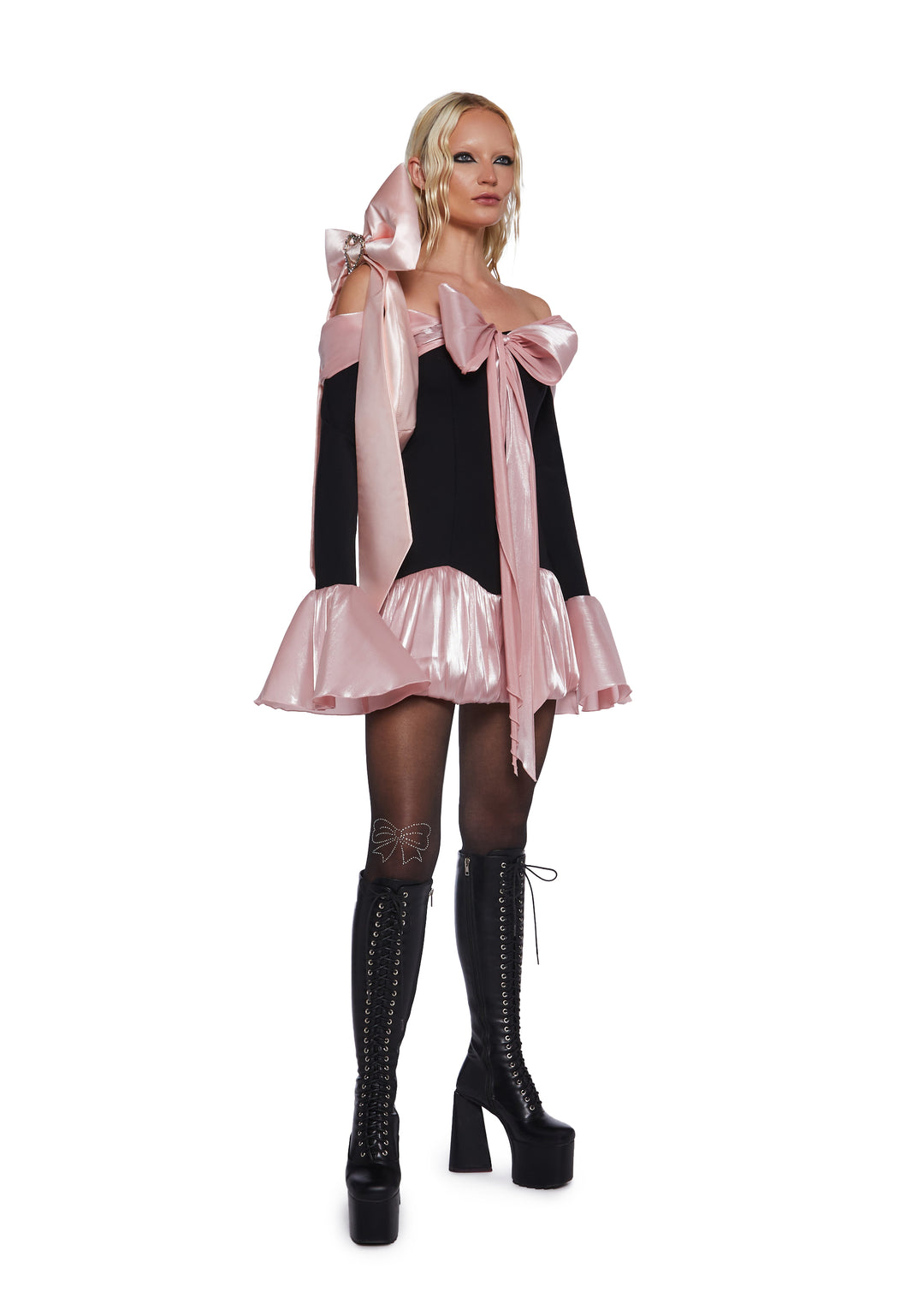 Stretchy Knit Metallic Organza Bubble Off-The-Shoulder Mini Dress Sugar Thrillz - Multi - Image 2