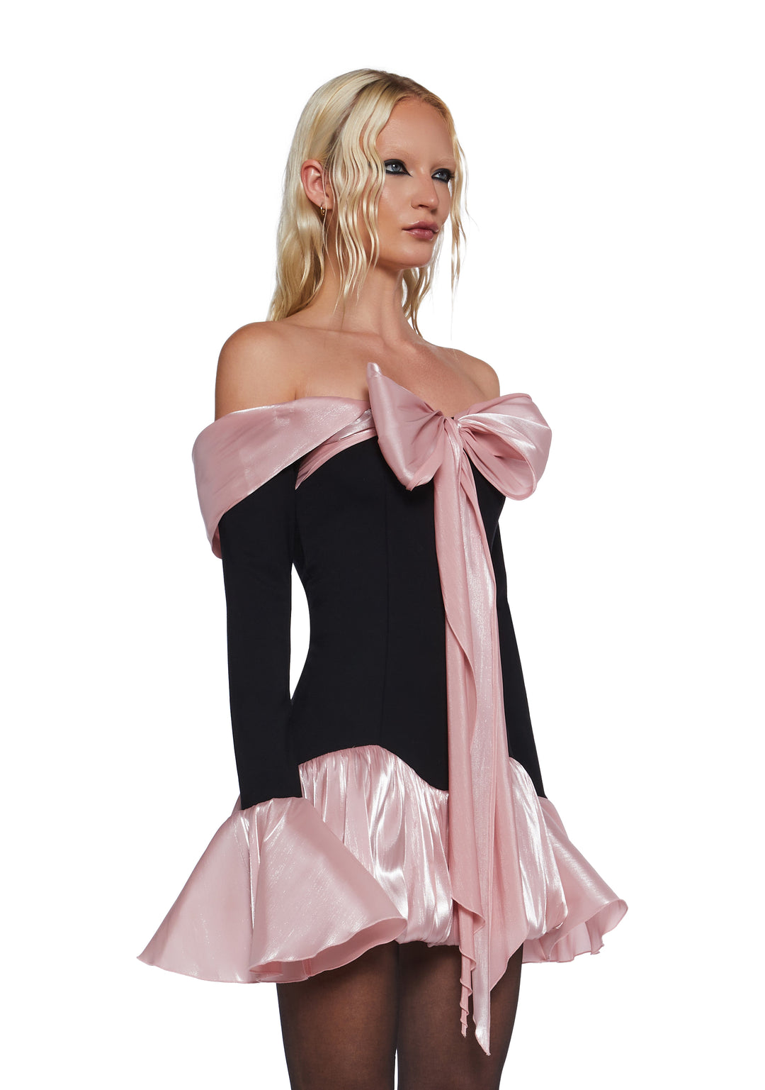 Stretchy Knit Metallic Organza Bubble Off-The-Shoulder Mini Dress Sugar Thrillz - Multi - Image 3