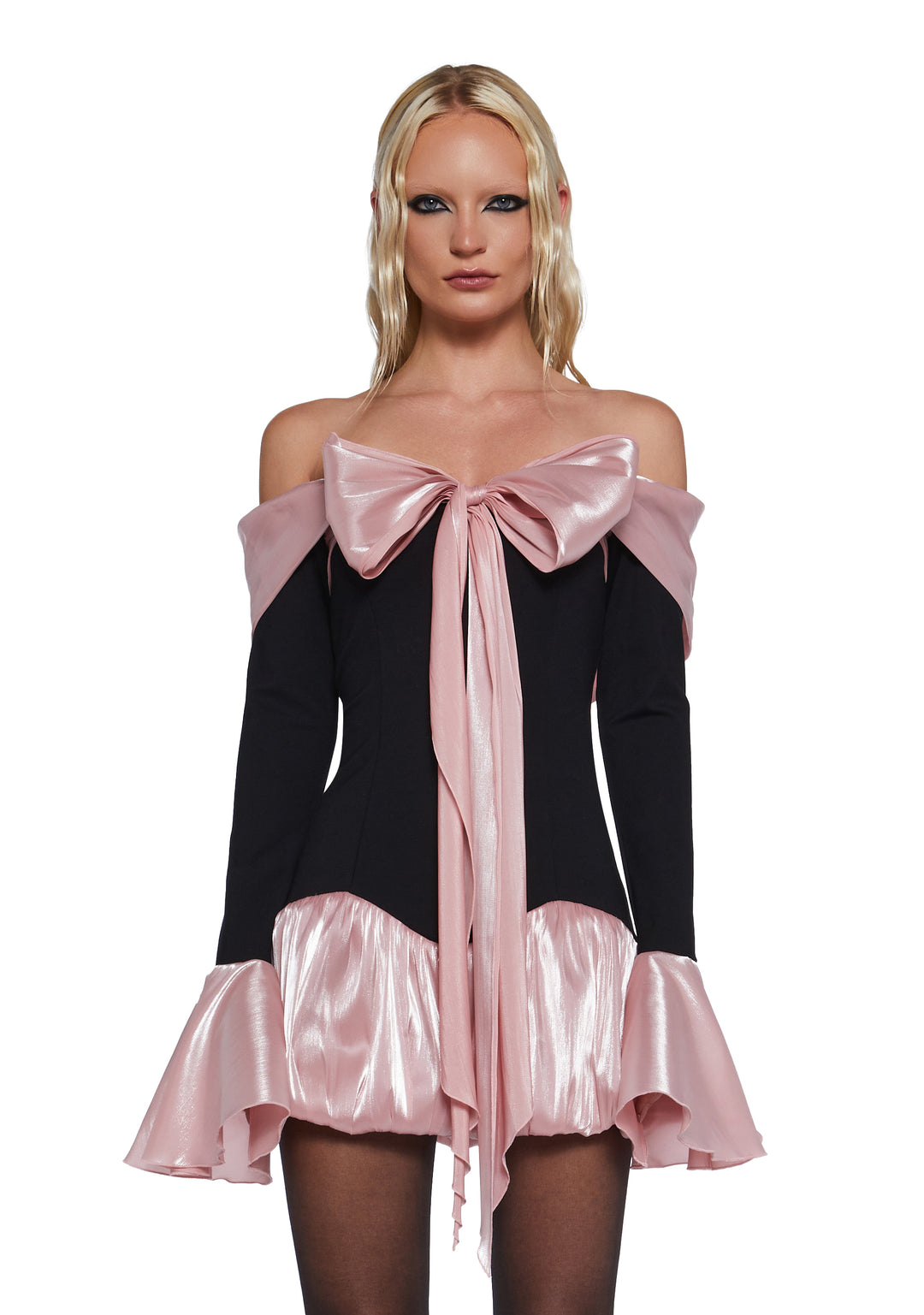 Stretchy Knit Metallic Organza Bubble Off-The-Shoulder Mini Dress Sugar Thrillz - Multi