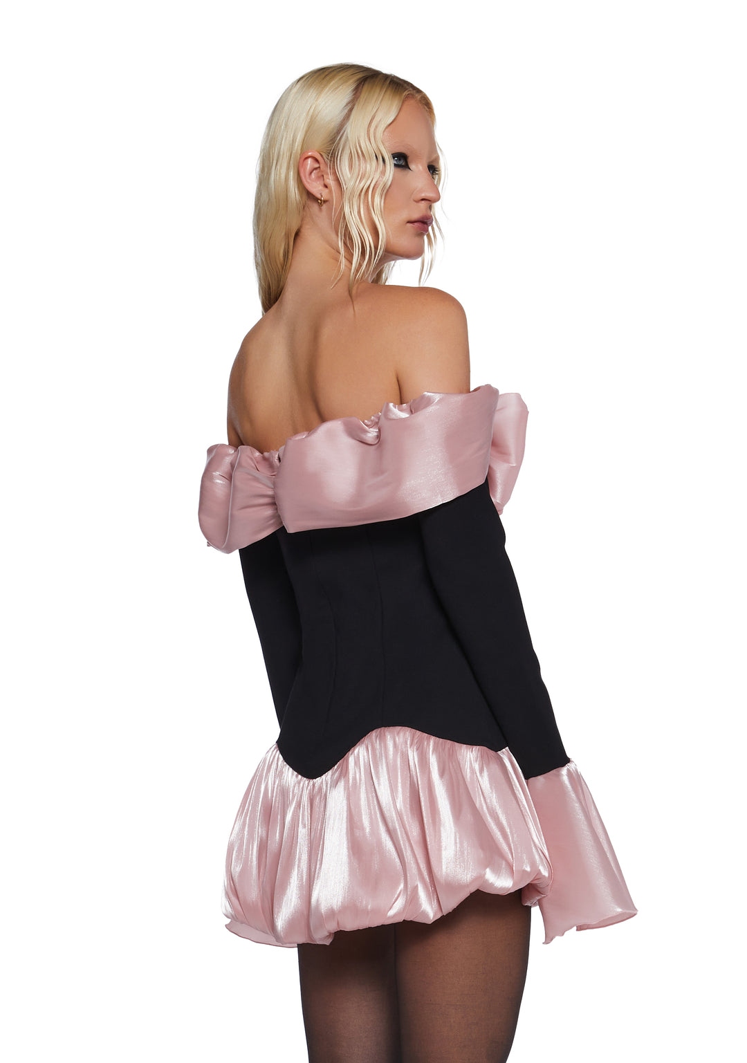 Stretchy Knit Metallic Organza Bubble Off-The-Shoulder Mini Dress Sugar Thrillz - Multi - Image 4