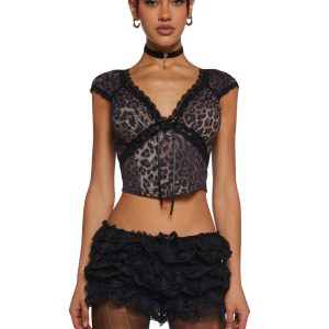 Leopard Print Knit Lace Trim Top Delia's - Leopard