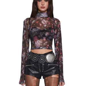 Sheer Mesh Floral Mock Neck Long Sleeve Top Current Mood - Multi