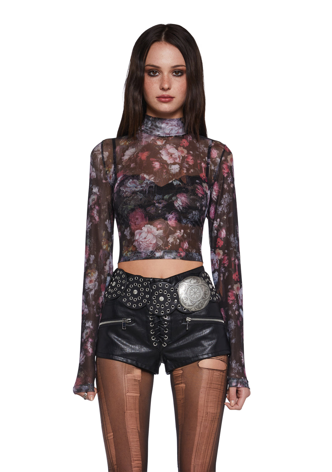Sheer Mesh Floral Mock Neck Long Sleeve Top Current Mood - Multi