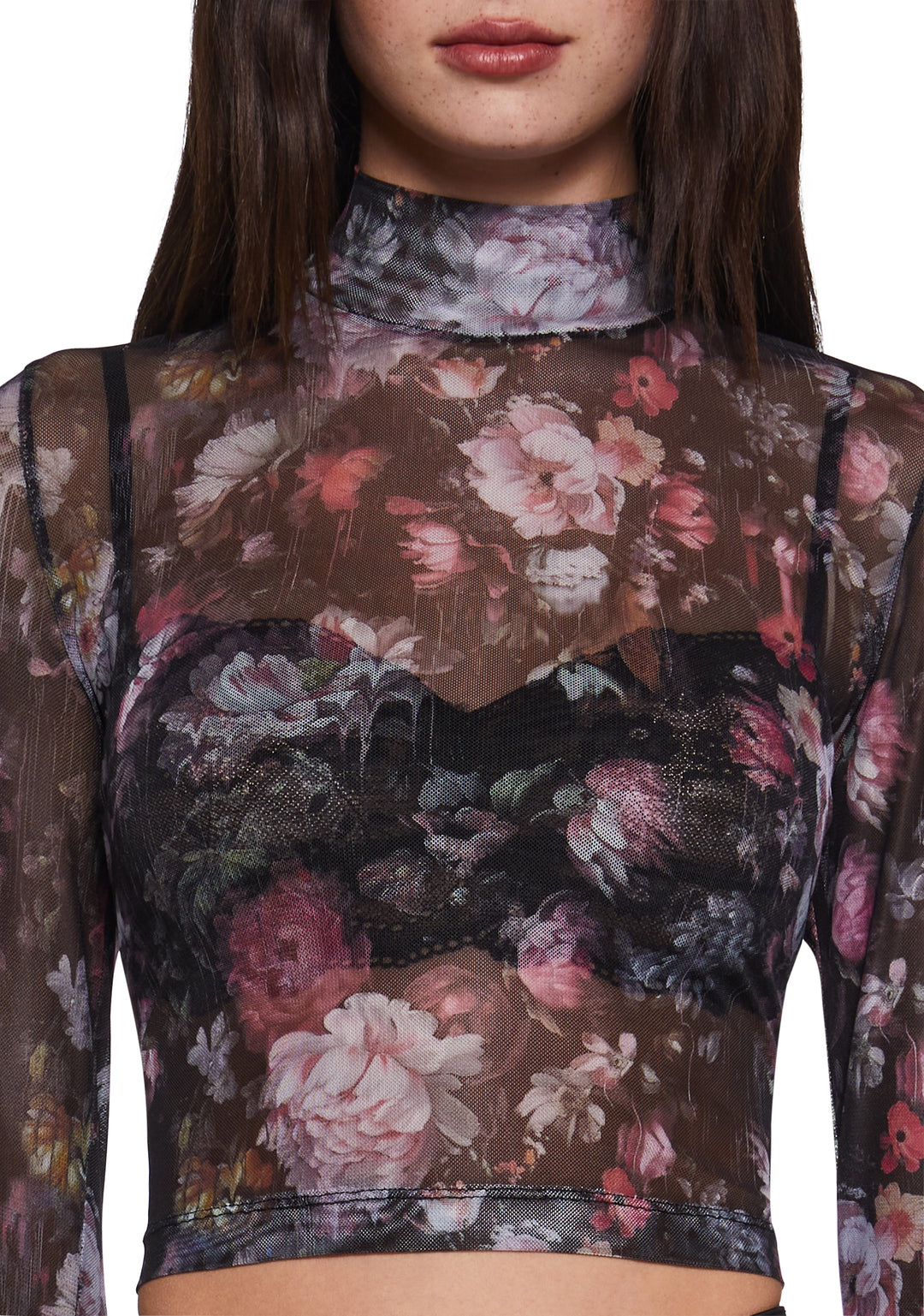 Sheer Mesh Floral Mock Neck Long Sleeve Top Current Mood - Multi - Image 5