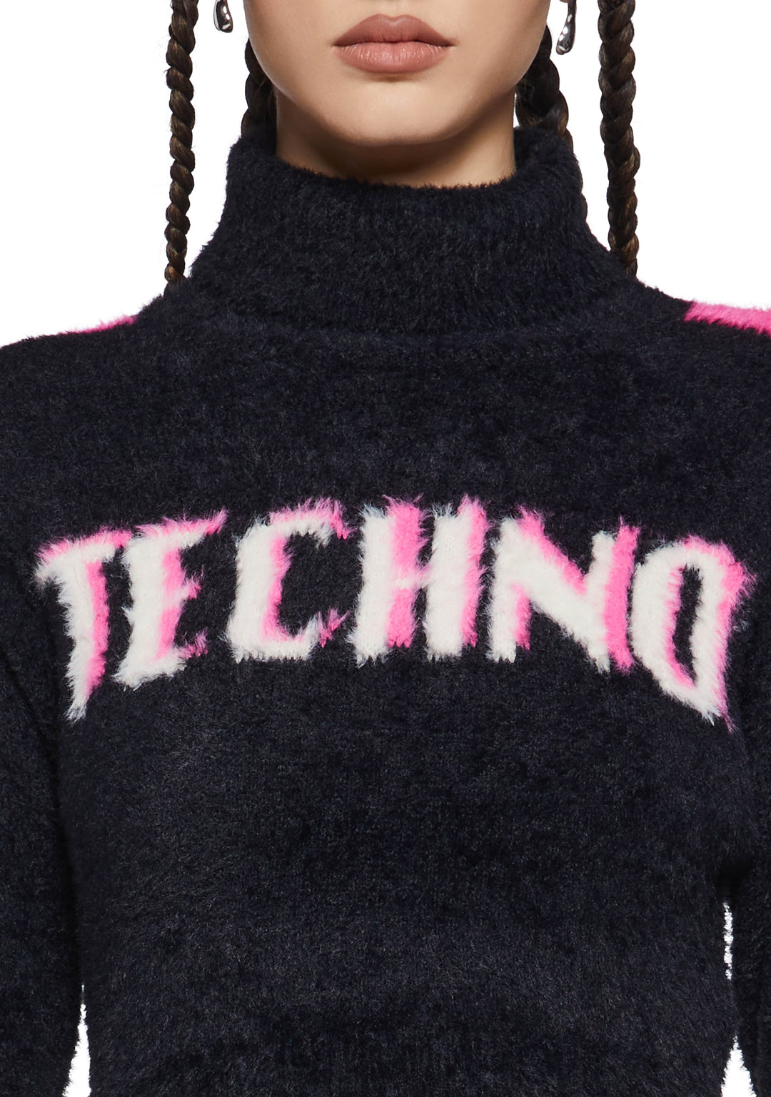 Fuzzy Knit Turtleneck Techno Cropped Sweater Club Exx - Multi - Image 6