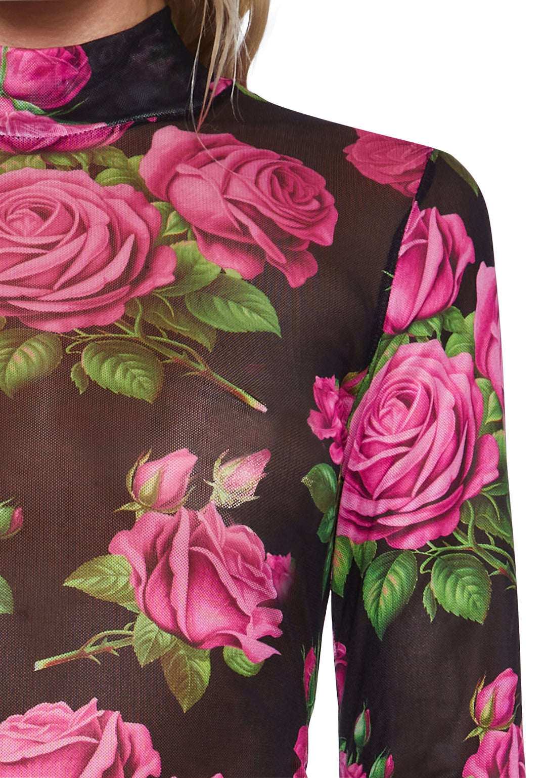 Stretchy Sheer Rose Print Mock Neck Long Sleeve Top - Multi - Image 5