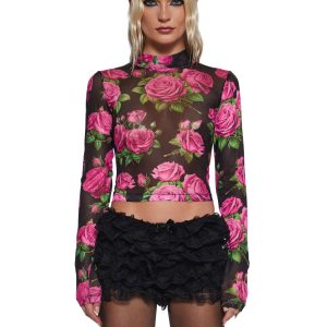Stretchy Sheer Rose Print Mock Neck Long Sleeve Top - Multi