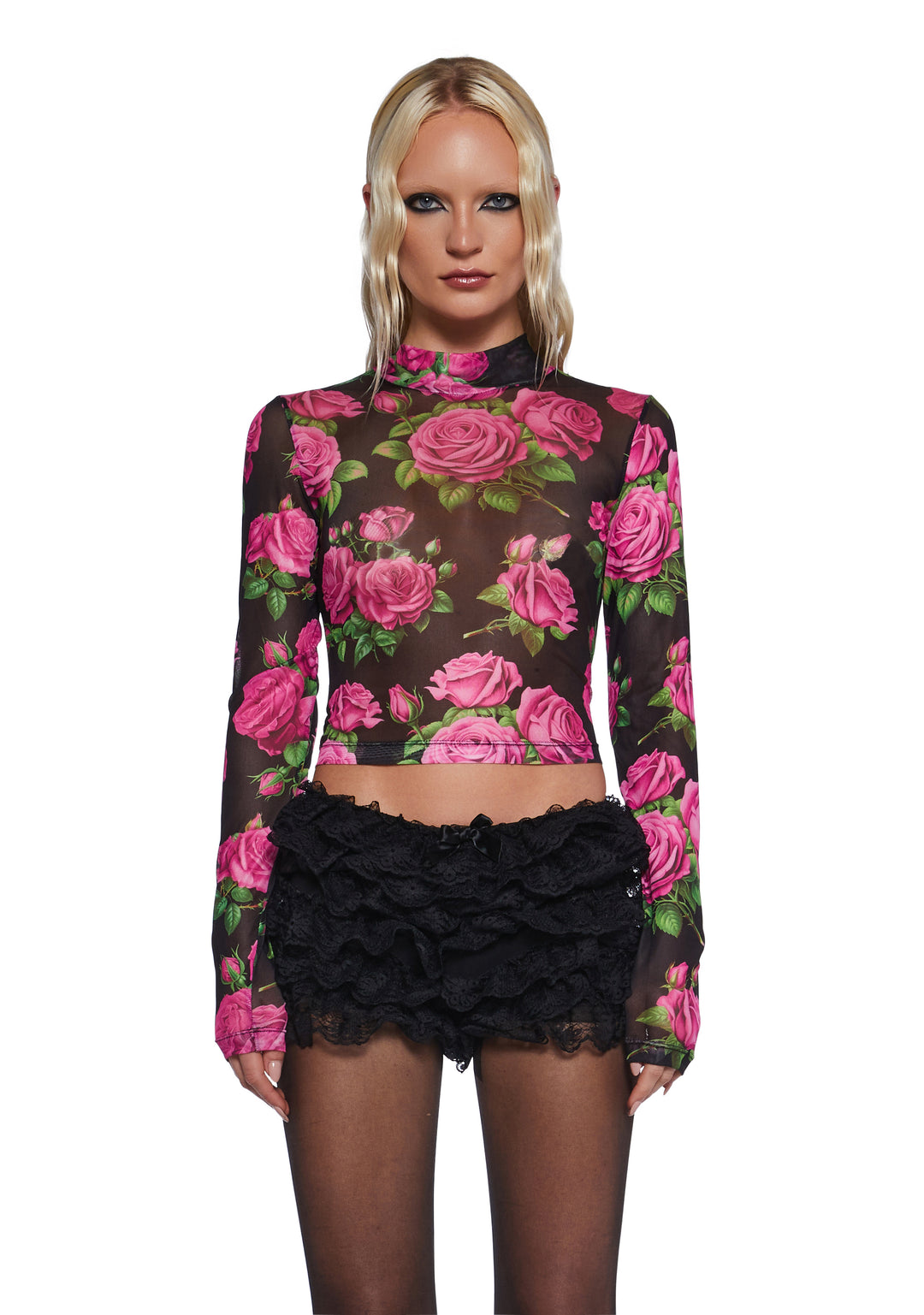 Stretchy Sheer Rose Print Mock Neck Long Sleeve Top - Multi