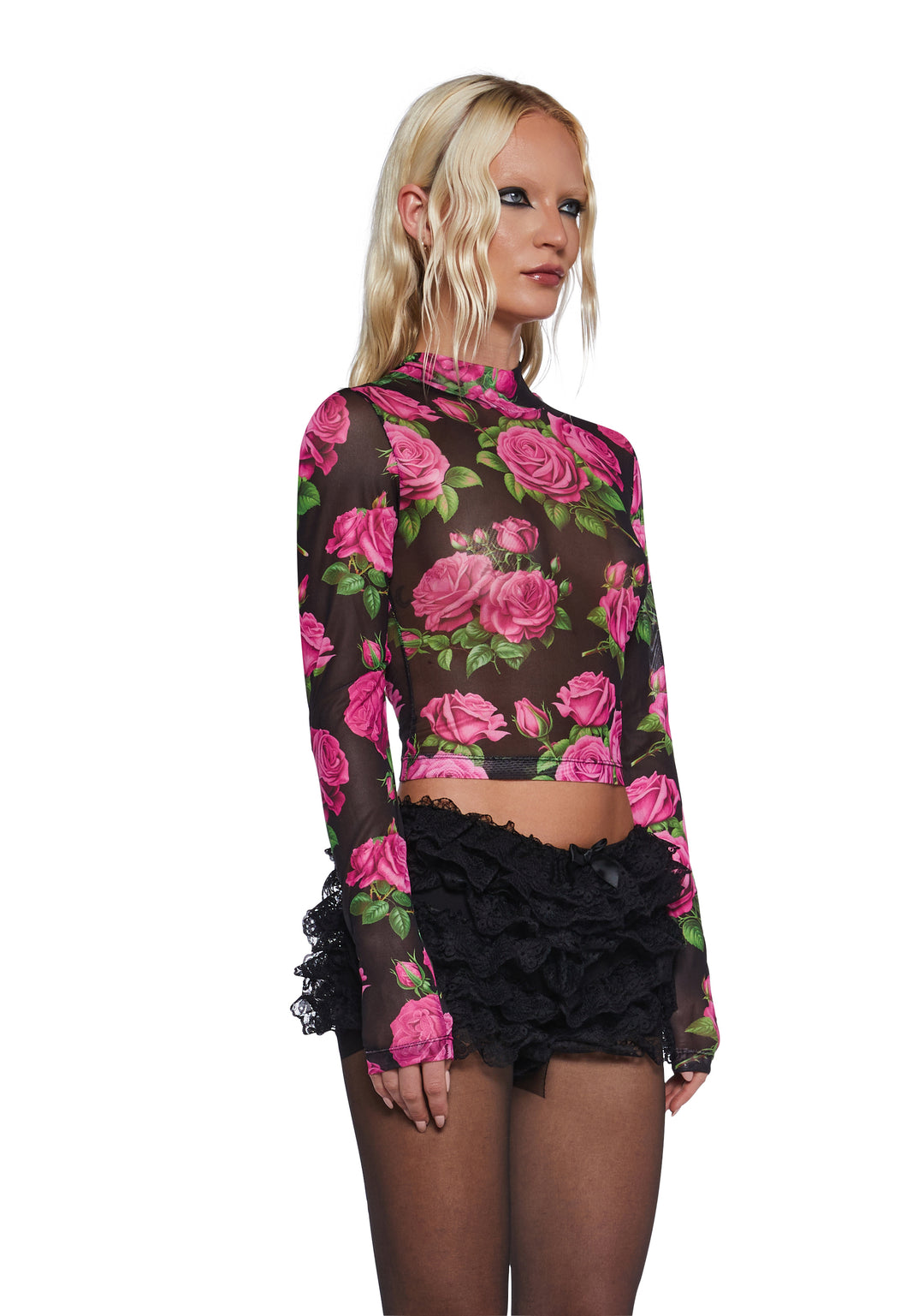 Stretchy Sheer Rose Print Mock Neck Long Sleeve Top - Multi - Image 3