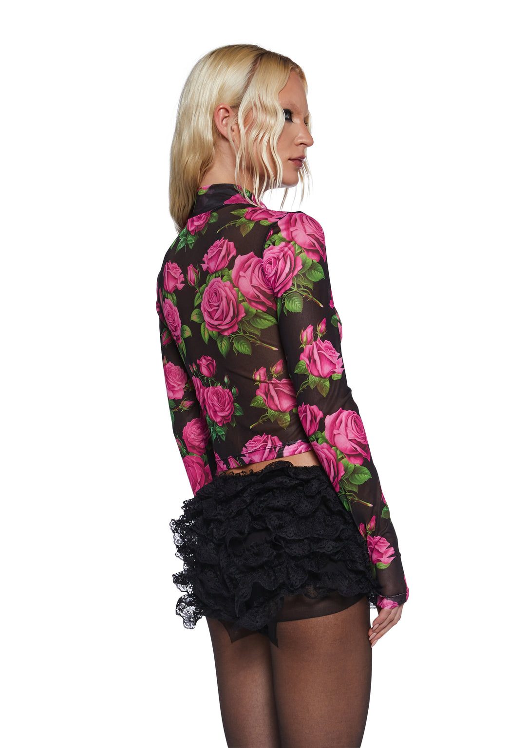 Stretchy Sheer Rose Print Mock Neck Long Sleeve Top - Multi - Image 4