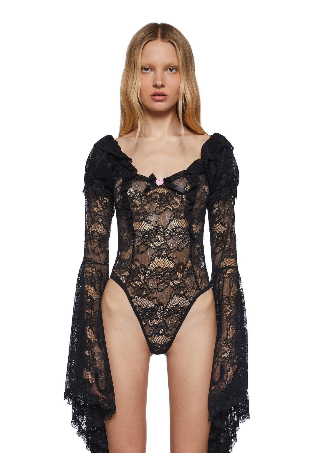 Floral Lace Bodysuit Regal Regency Core Sugar Thrillz - Black